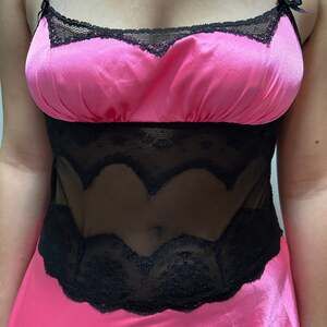 Vintage Betsey Johnson Hot Pink Babydoll Slip Dress with Black Lace Trim